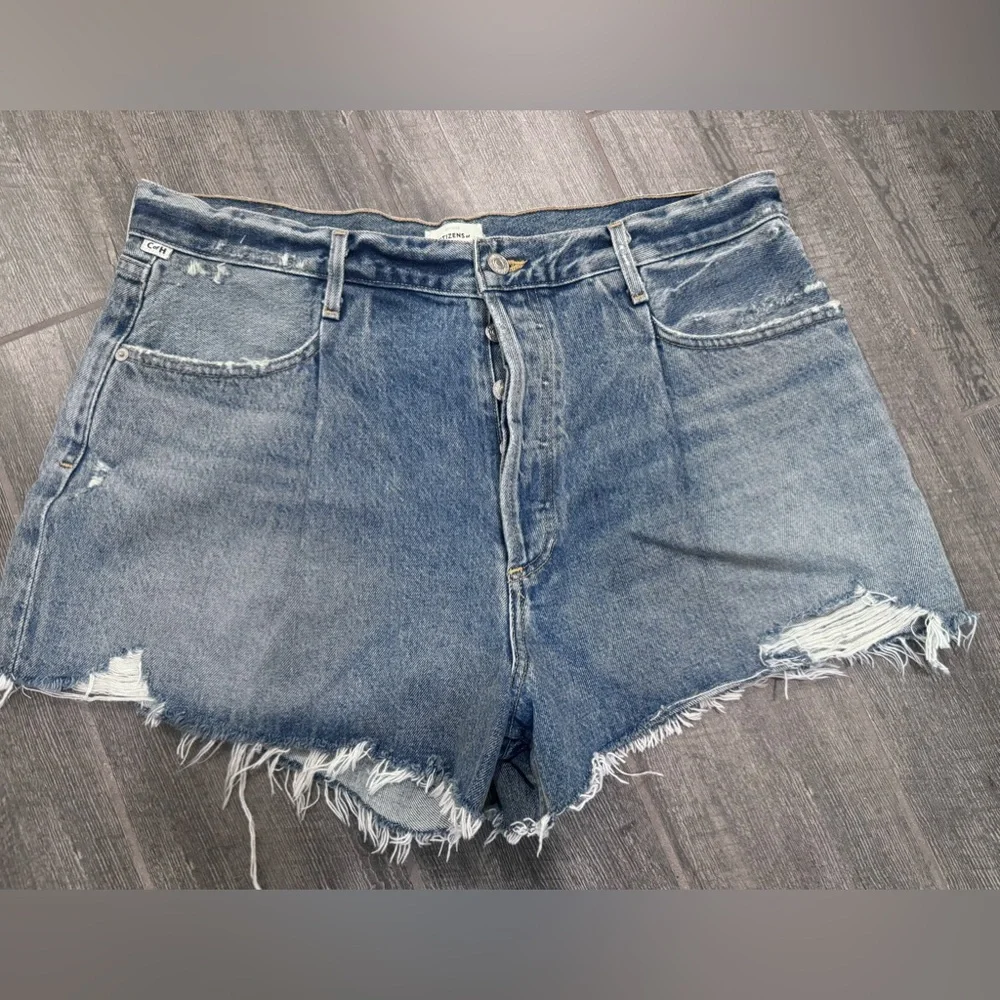 Citizens Of Humanity Womens Blue Franca Pleated‎ Baggy Jean Shorts Size 31